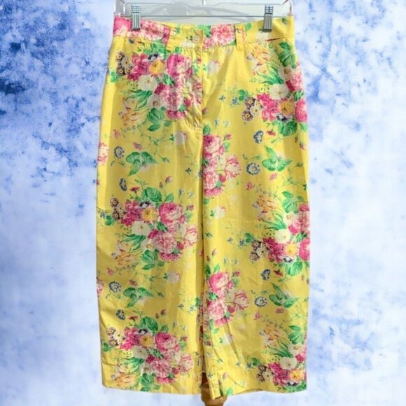 Lauren Ralph Lauren yellow floral flat front pockets belt loops capris size 4 - Picture 3 of 7